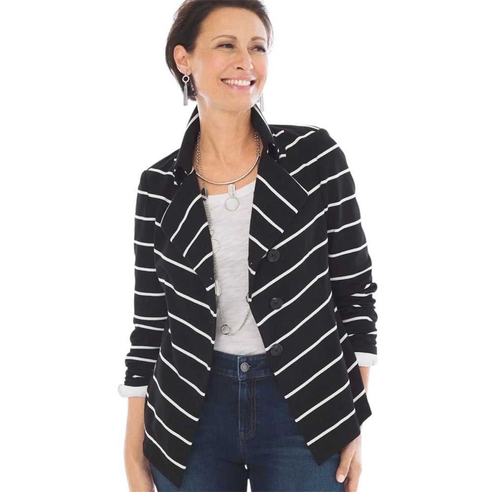 Chicos Black and White Striped Asymmetrical Blazer Jacket Size M Chicos Size 1